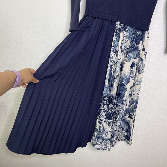 Dalia Macphee Dress Medium Midi Rib Sweater Nautical Spode Italy Print Pleated - Picture 5 of 10